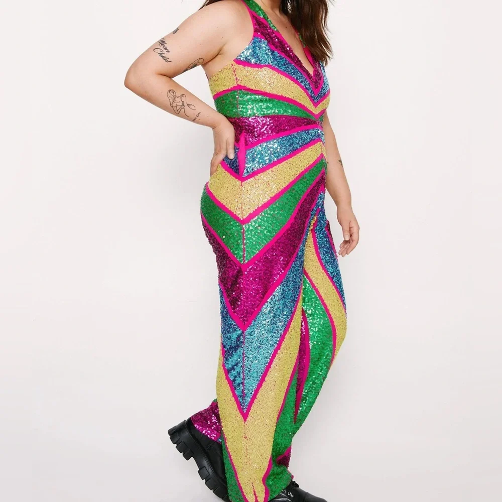 Nasty Gal Multicolor Sequin Chevron Jumpsuit - Pink, Green, Blue, Gold - Picture 2 of 8